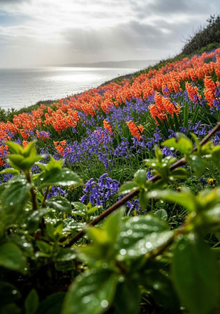 A vibrant hillside covered in colorful flowers overlooking a serene body of waterの写真素材