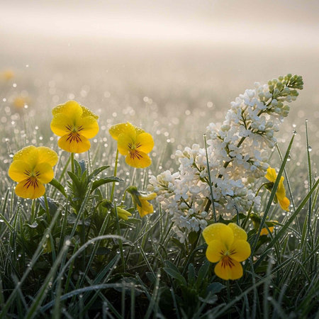 A serene field of vibrant yellow and white flowers on a sunny dayの写真素材