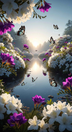 A serene landscape of butterflies flying around flowers near a peaceful body of waterの写真素材