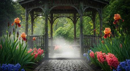 A serene garden gazebo surrounded by vibrant flowers and lush greenery on a misty dayの写真素材