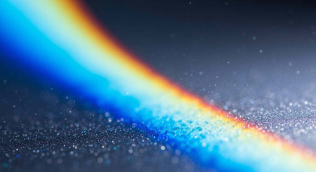 A vibrant rainbow beam shines brightly on a dark sparkling background with water dropletsの写真素材