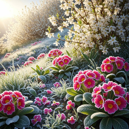 A serene garden scene with vibrant pink flowers and lush greenery in morning lightの写真素材