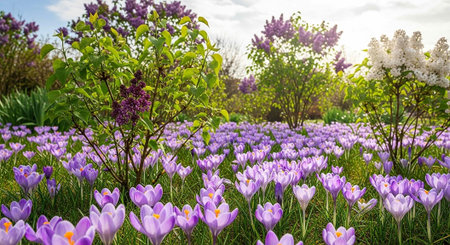 A vibrant field of purple crocuses blooms in a serene natural landscape with treesの写真素材