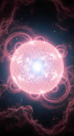 A vibrant pink star shining brightly in a dark space with swirling cloudsの写真素材