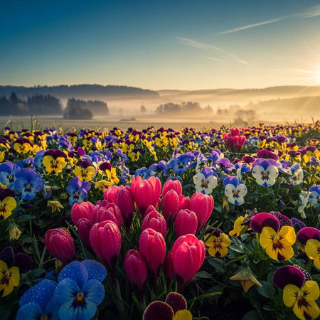 A serene field of vibrant flowers under a clear blue sky at sunriseの写真素材