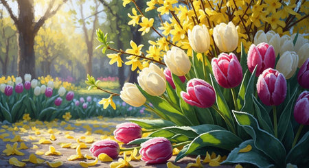 A vibrant and colorful garden scene with blooming tulips and flowers in springの写真素材