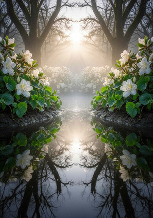 A serene forest landscape with white flowers and trees reflected in calm waterの写真素材