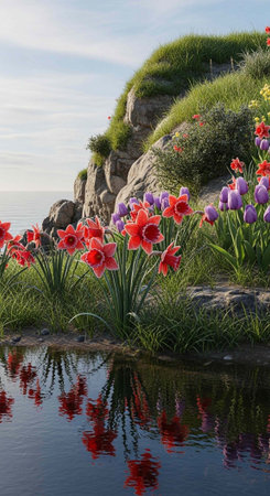 A serene landscape of vibrant flowers reflecting in a peaceful body of waterの写真素材