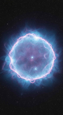 A vibrant purple and blue nebula glows brightly in the dark space universeの写真素材