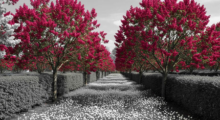 A serene garden pathway lined with vibrant pink trees and lush greenery on a cloudy dayの写真素材