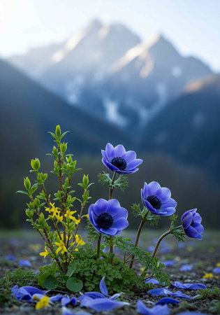A serene mountain landscape with vibrant purple flowers in the foregroundの写真素材