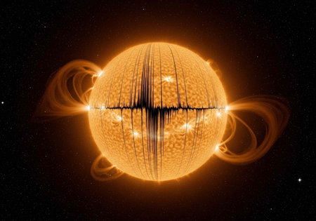 A vibrant orange sun with a black sound wave in space surrounded by starsの写真素材