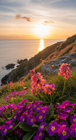 A serene landscape of colorful flowers on a rocky cliffside at sunset over the oceanの写真素材
