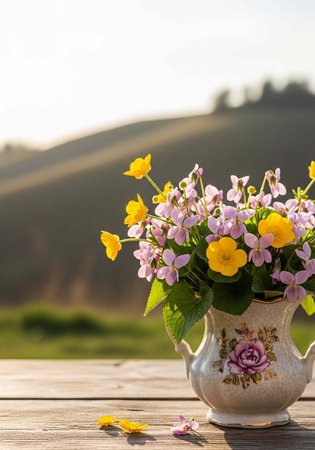 A beautiful bouquet of colorful flowers in a vintage pitcher on a wooden table outdoorsの写真素材