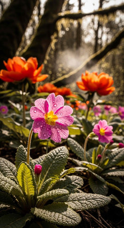A vibrant display of colorful flowers in a serene natural setting with sunlightの写真素材