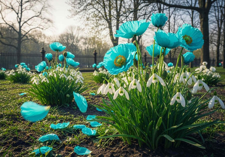A serene garden scene with vibrant blue poppies and white flowers in bloomの写真素材