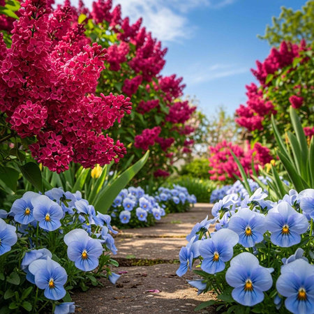 A serene garden pathway lined with vibrant flowers on a sunny day outdoorsの写真素材