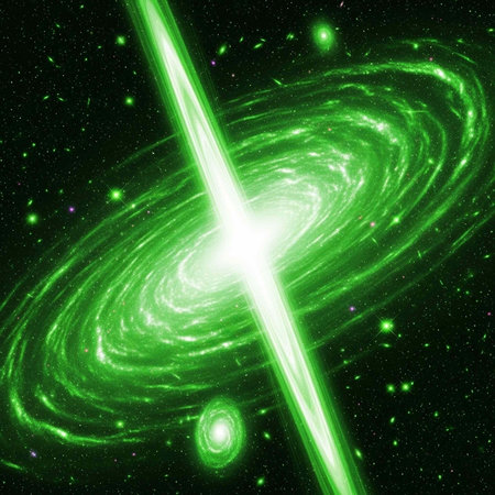A vibrant green galaxy with a bright beam of light in spaceの写真素材