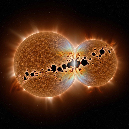 A stunning visual representation of two celestial bodies colliding in spaceの写真素材