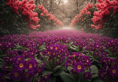 A serene field of vibrant purple flowers surrounded by pink blossoming trees in a peaceful natural settingの写真素材