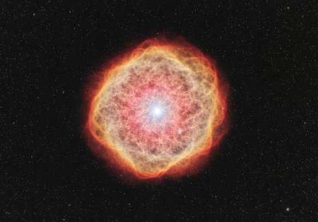 A vibrant nebula glows brightly in the dark expanse of outer space with starsの写真素材