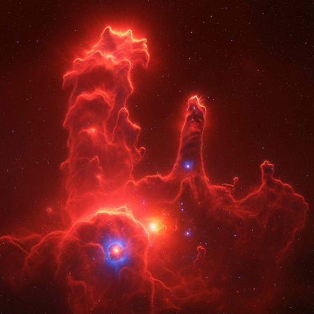 A vibrant nebula glows brightly in the dark expanse of outer space with starsの写真素材