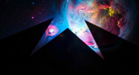 A stunning digital artwork of pyramids under a vibrant cosmic nebula in spaceの写真素材