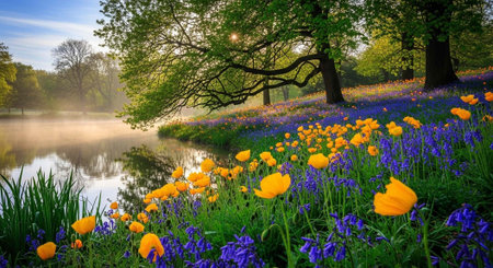 A serene landscape of vibrant flowers by a peaceful lake at sunriseの写真素材