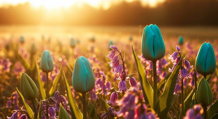 A serene field of vibrant blue tulips and purple flowers at sunsetの写真素材