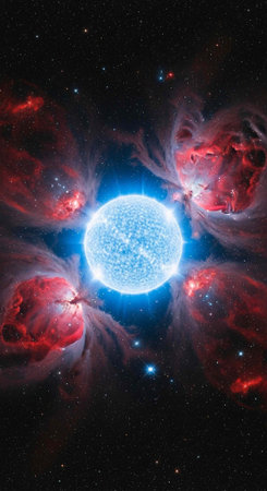 A vibrant blue star shines brightly in a stunning celestial scene with red nebulaeの写真素材