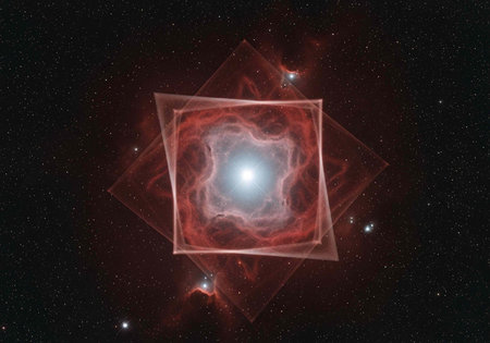 A vibrant astronomical image of a glowing nebula in deep space with geometric shapesの写真素材