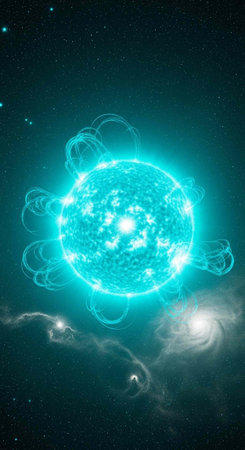 A vibrant blue glowing celestial body in a dark starry space with galaxiesの写真素材