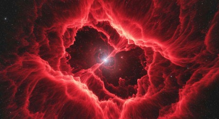 A vibrant red nebula glows brightly in the dark vastness of outer spaceの写真素材