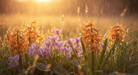 A serene field of vibrant flowers blooms under a warm sunny sky with rainの写真素材