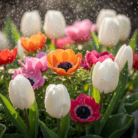 A vibrant garden filled with colorful tulips and flowers on a rainy dayの写真素材