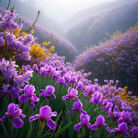 A serene landscape of vibrant purple flowers in a mountainous valley with yellow bloomsの写真素材