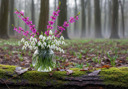 A beautiful vase of flowers sits on a mossy log in a forest during a rainstormの写真素材