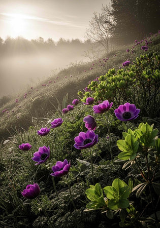 A serene landscape of purple flowers blooming on a misty hillside at sunriseの写真素材
