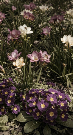 A vibrant garden filled with purple, white, and yellow flowers in bloomの写真素材