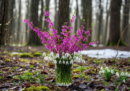 A bouquet of vibrant flowers in a glass vase on a forest floor during rainfallの写真素材