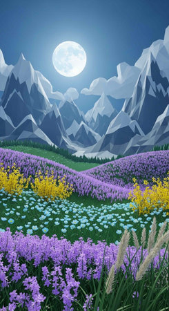 A serene mountain landscape with a field of colorful flowers under a full moonの写真素材