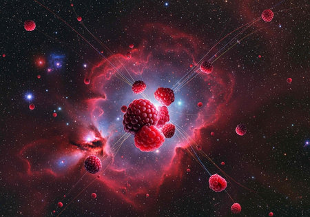 A vibrant illustration of raspberries floating in a stunning galaxy with stars and planetsの写真素材