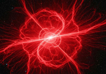 A vibrant red cosmic explosion in space with bright lights and energyの写真素材