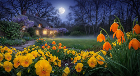A serene nighttime garden scene with a house and vibrant flowers under the moonlightの写真素材