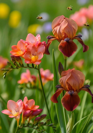 A vibrant field of flowers with bees flying overhead on a sunny dayの写真素材