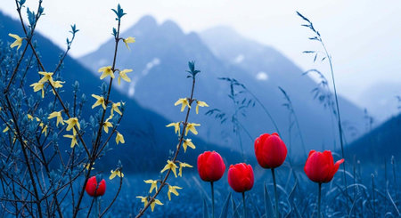 A serene mountain landscape with vibrant red flowers and yellow blossoms in the foregroundの写真素材