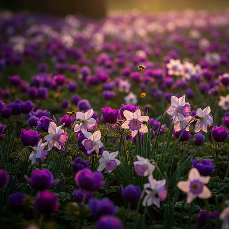 A serene field of vibrant purple and white flowers in bloom at sunsetの写真素材