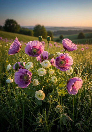 A serene field of vibrant purple poppies and white flowers at sunsetの写真素材