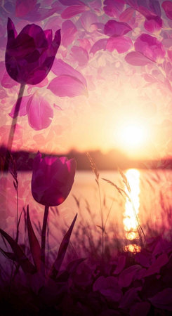 A serene landscape of tulips at sunset with a peaceful lake in the backgroundの写真素材