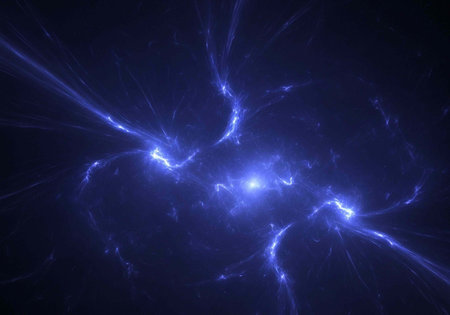 A vibrant blue cosmic scene with bright lights and energy emanating from the centerの写真素材